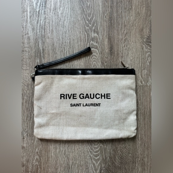 Saint Laurent Rive Gauche Canvas Clutch Pouch Black Leather Trim Wristlet EUC - Picture 3 of 8